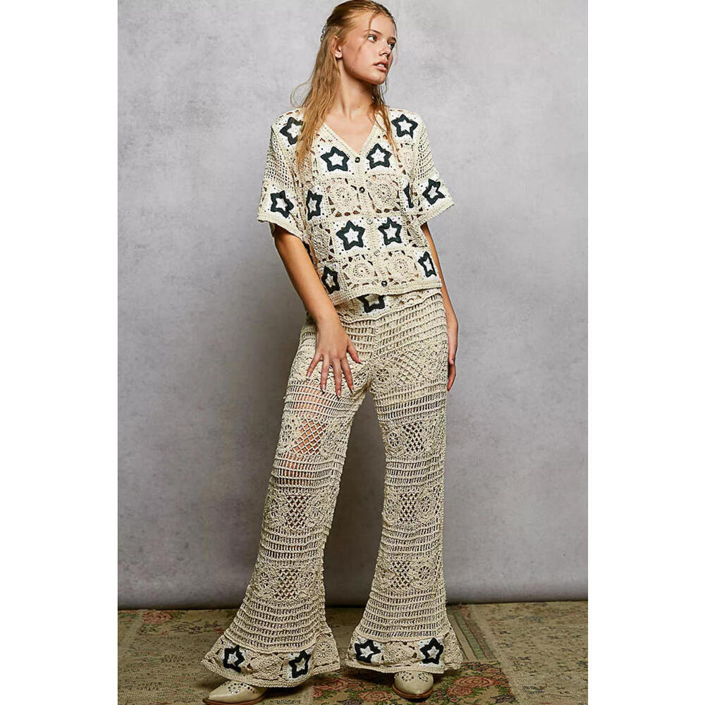 Pol Openwork Crochet Flare Pants With Contrast Star View 4